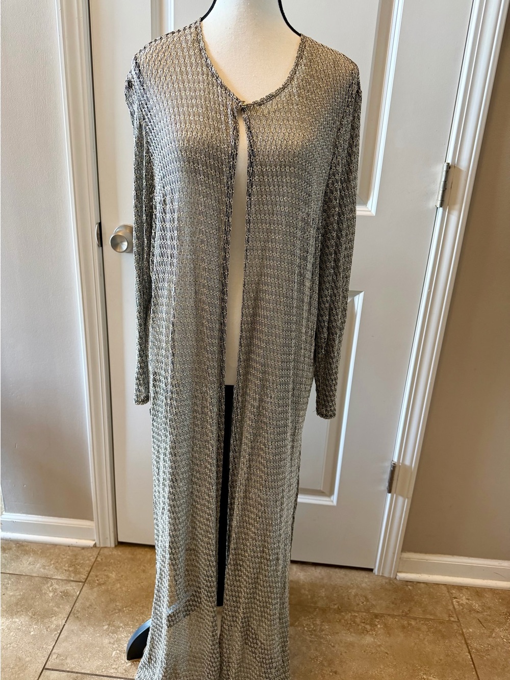 Vintage Onyx Nite Metallic Maxi Duster Cardigan Black Gold Silver USA Size 18